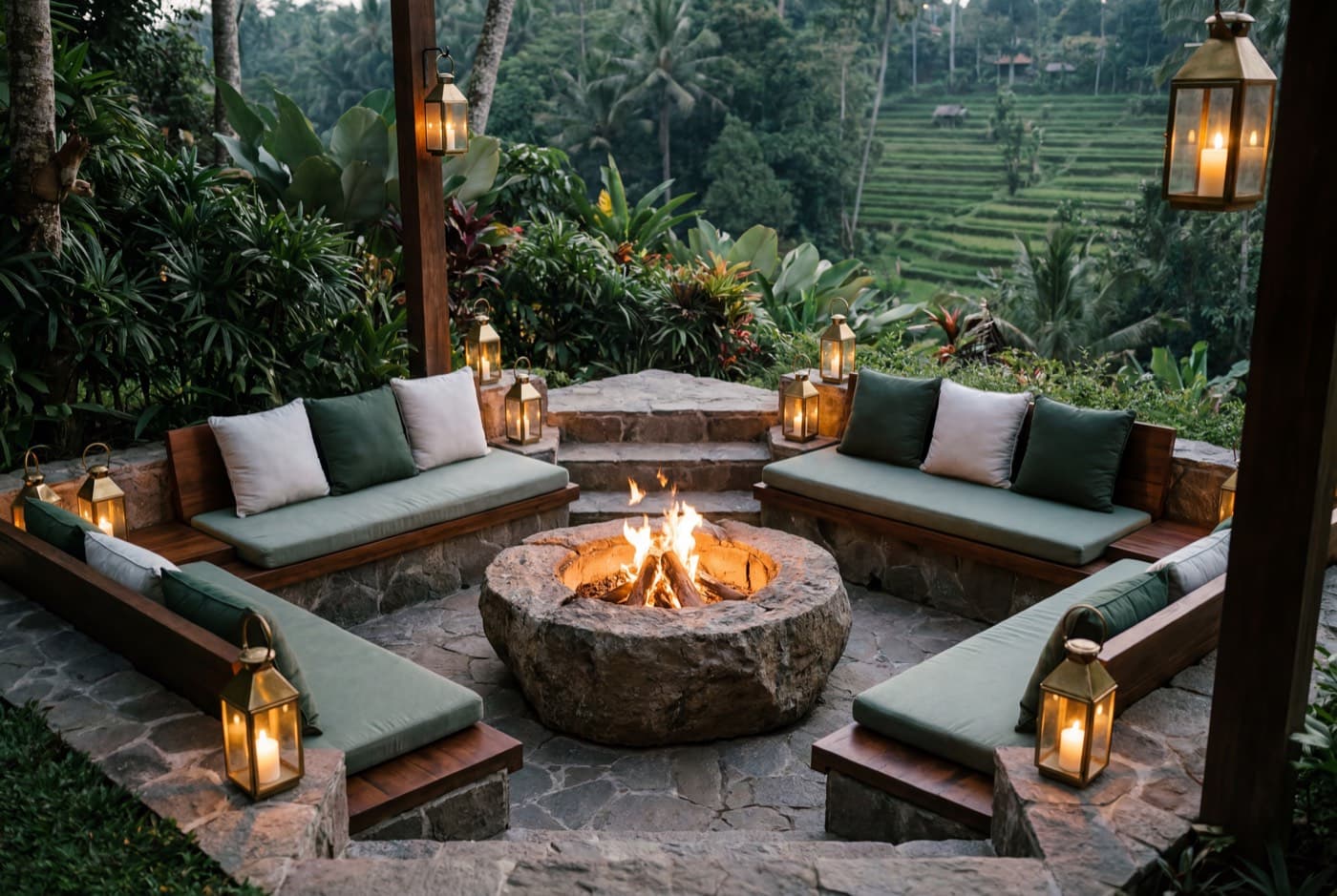 A natural-stone fire-pit lounge ringed by ironwood benches and lanterns, with rice terraces beyond at dusk
