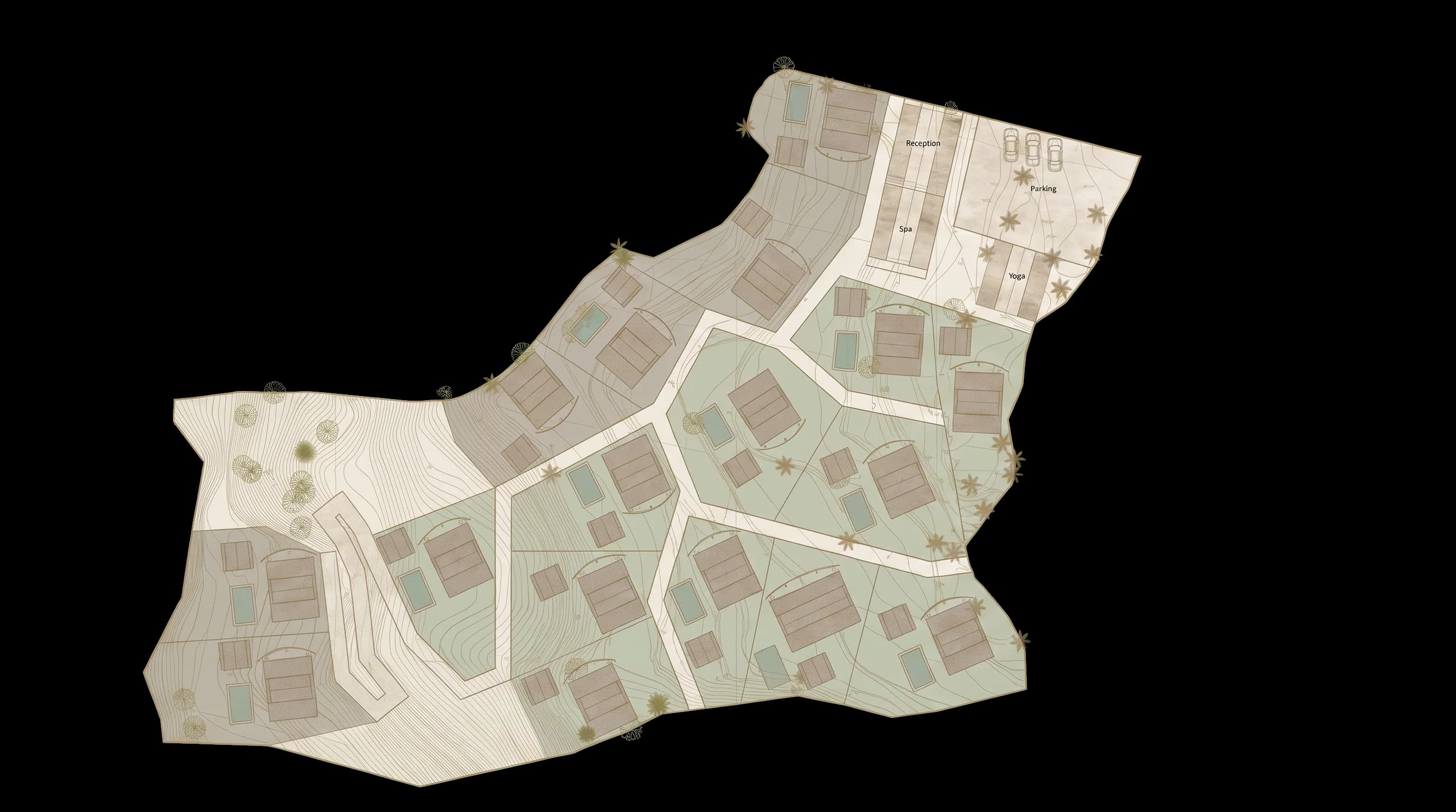 Maison Verde approved site plan — 17 private villa plots terraced along one hillside, with reception, spa, open-air yoga and a parking court