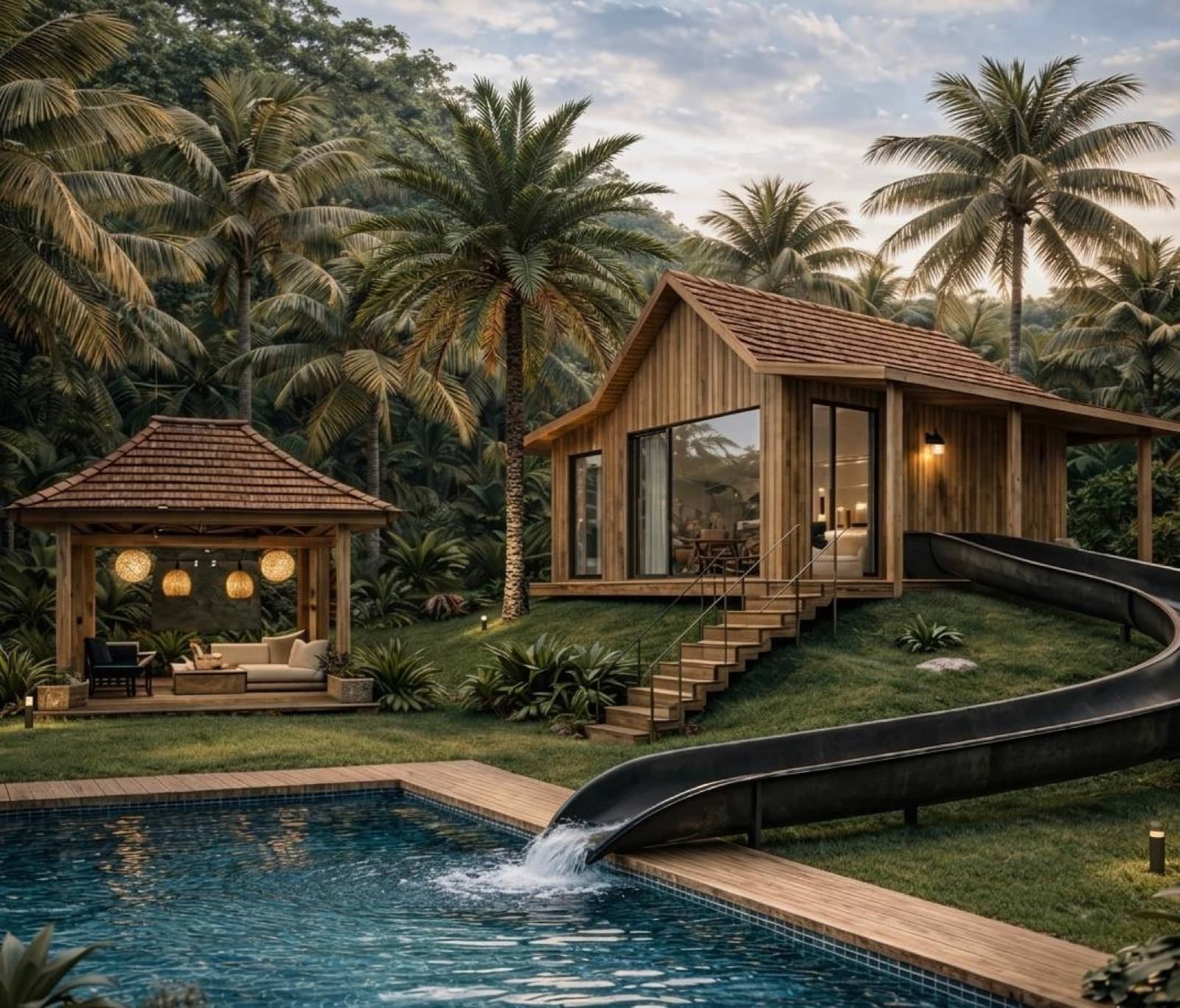 Private Ironwood villa with a pool, water slide and lounge gazebo set among palms